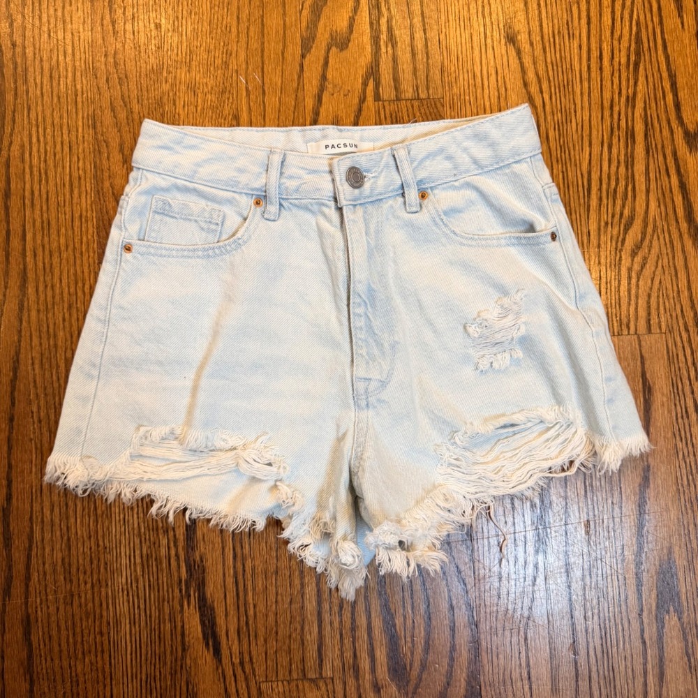 PacSun High Rise Distressed Denim Shorts Frayed Hem 25 Light Wash Blue